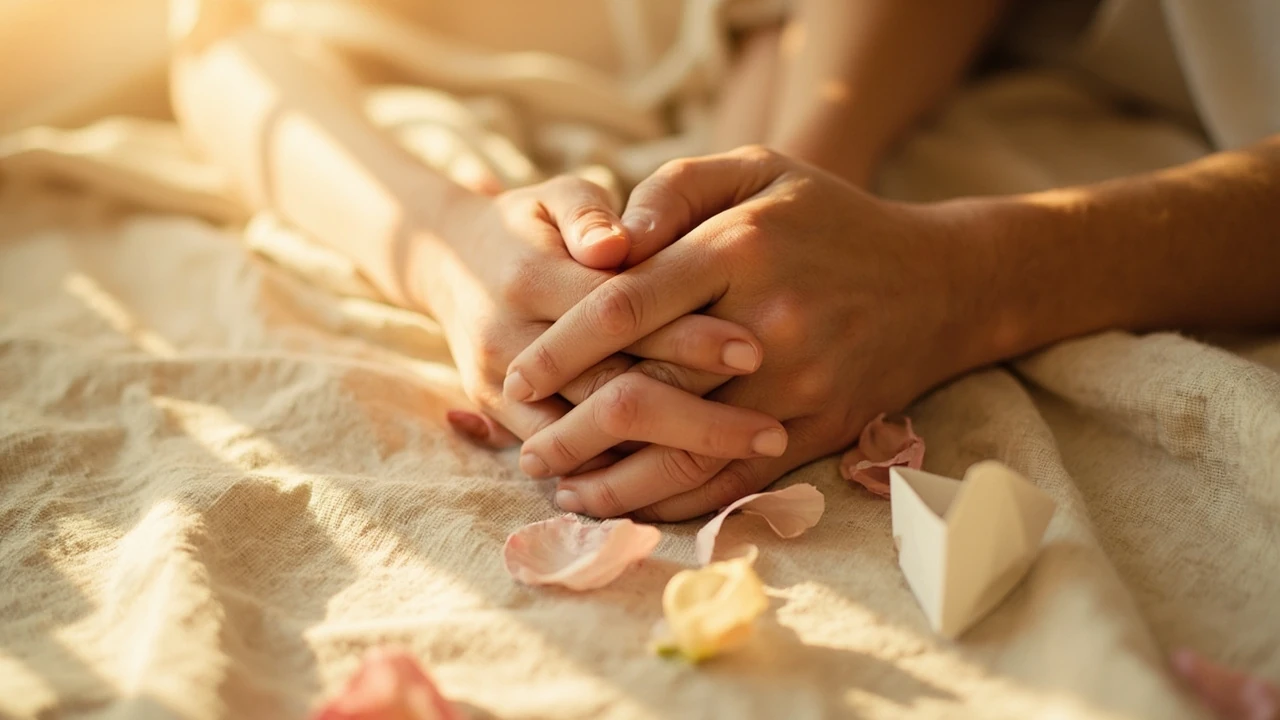 1212 Bedeutung Liebe – zwei Hände, die zärtlich ein Herz halten, warmes Licht